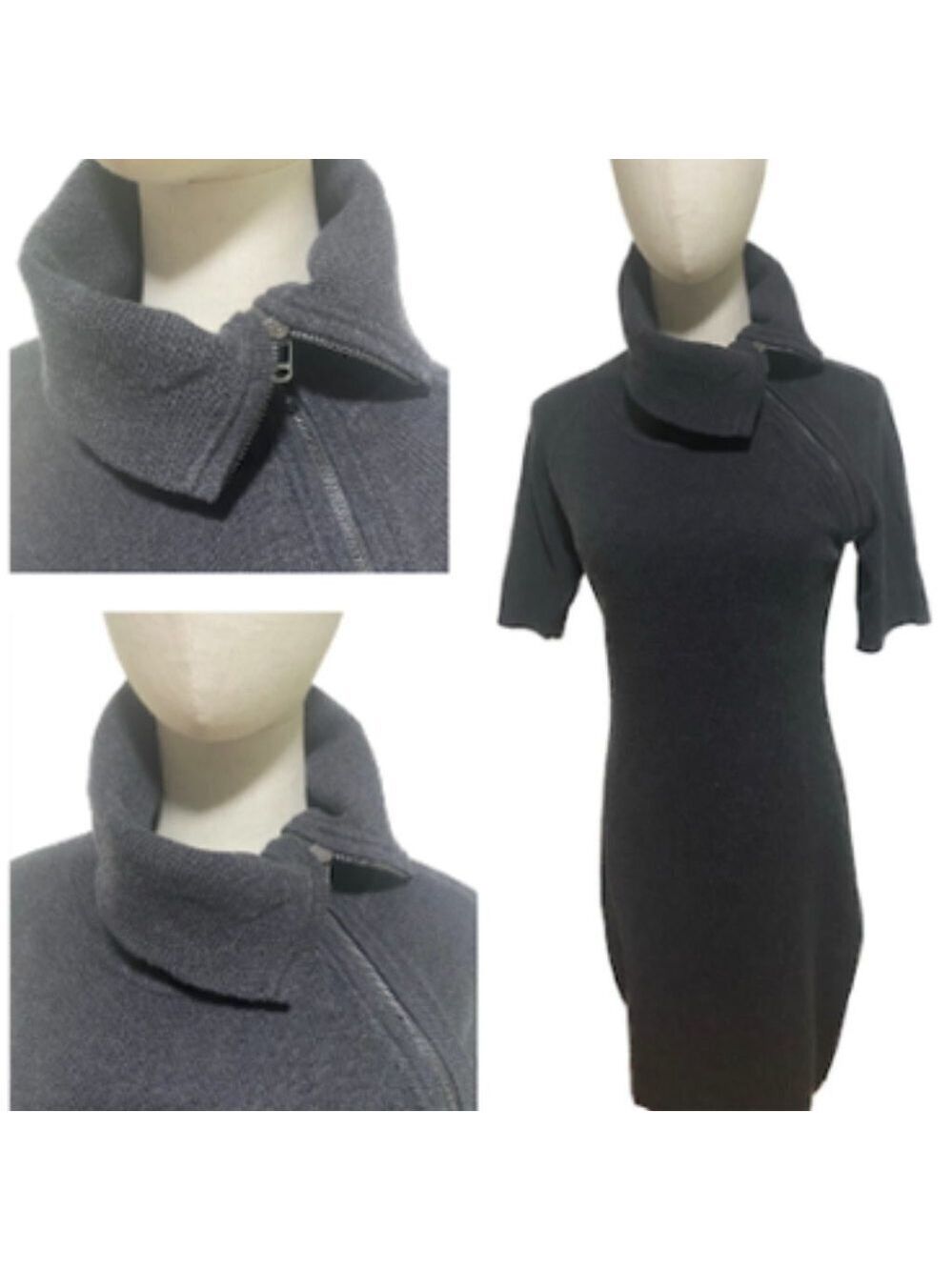 Y2K ELLEN TRACY GRAY SWEATER RIBBED DRESS BODYCON ASYMMETRIC ZIP TURTLENECK SZ S